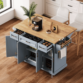 54 inch Large Kitchen Island with Rubber Wood Drop Leaf, Embossed Texture Rolling Kitchen Cart on 4 Wheels with 4 Doors and 3 Drawers (material: MDF,Rubber Wood, Color: Grey+Blue)