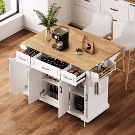 54 inch Large Kitchen Island with Rubber Wood Drop Leaf, Embossed Texture Rolling Kitchen Cart on 4 Wheels with 4 Doors and 3 Drawers (material: MDF,Rubber Wood, Color: White)