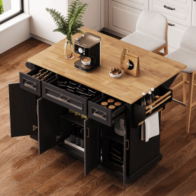 54 inch Large Kitchen Island with Rubber Wood Drop Leaf, Embossed Texture Rolling Kitchen Cart on 4 Wheels with 4 Doors and 3 Drawers (material: MDF,Rubber Wood, Color: Black)
